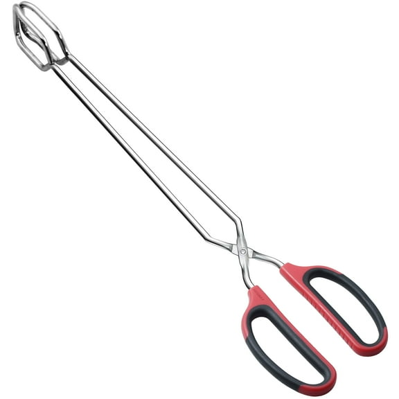 16-Inch Extra Long Stainless Steel Scissor Tongs for Grilling BBQ, Camping, Kitchen Cooking, Non-Slip Silicone Handle, Red