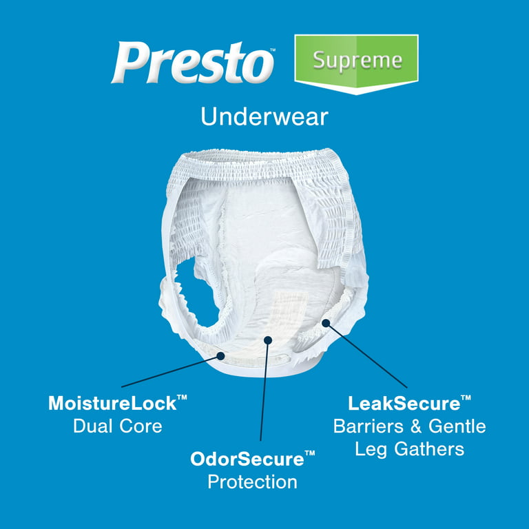 Presto Supreme Breathable Incontinence Underwear for Women and Men -  Disposable, Odor Eliminator, X-Large - 56 ct (4 Bags of 14) 