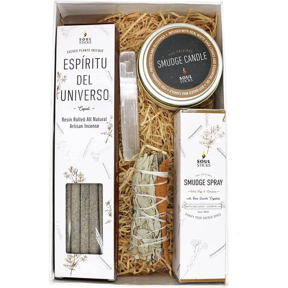 Soul Sticks Shaman's Kit Cinnamon Copal Gift Set with Espiritu Incense Sticks, Sage Smudge Stick, Smudge Candle, Smudge Spray, 4" Selenite Wand in White Gift Box