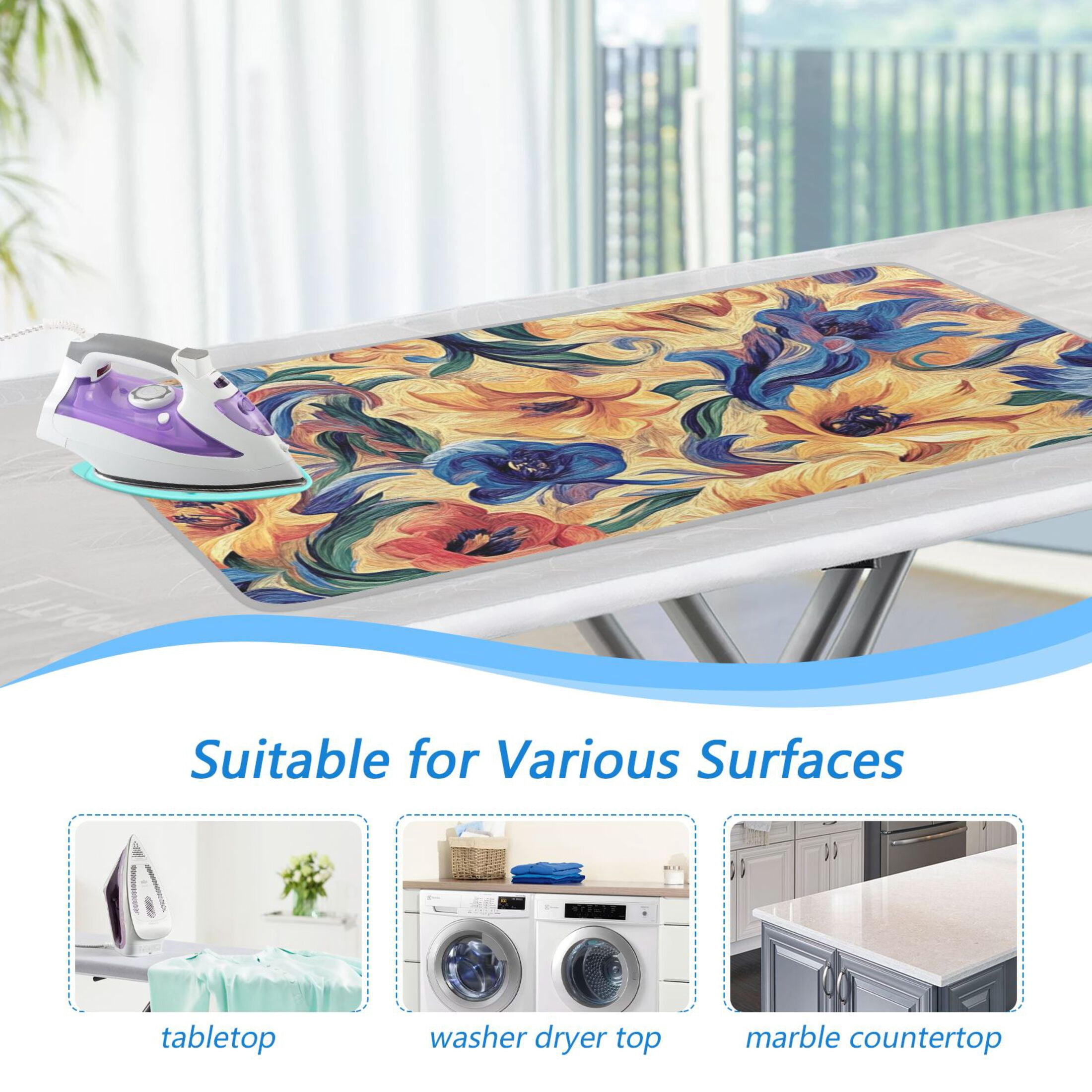 Orange and Blue Flowers Ironing Mat Blanket for Table Top Travel Portable Ironing Board Pad 47.2x27.6 Inch