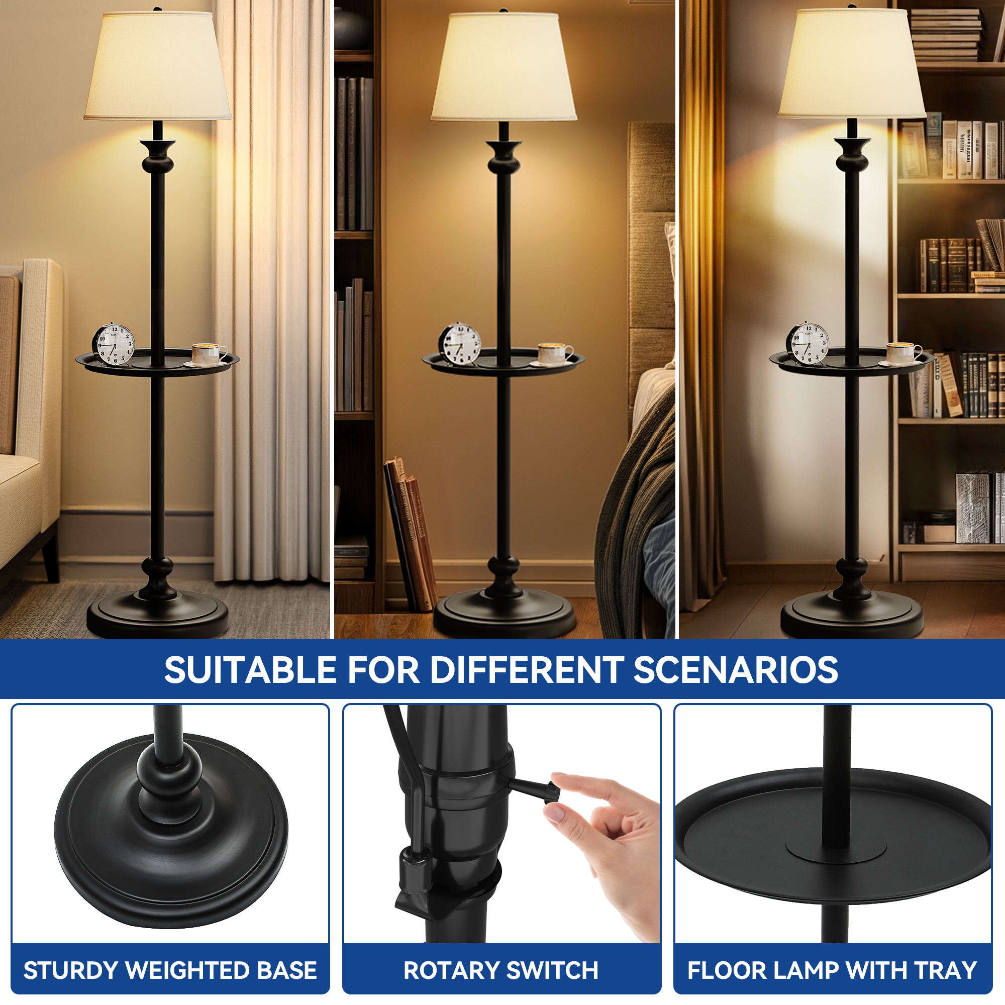 Uforic 57'' Vintage Metal Floor Lamp with Tray, Linen Shade, Weighted Base, and Rotary Switch for Bedroom, Living Room, Office, Study (Bulbs not Included)