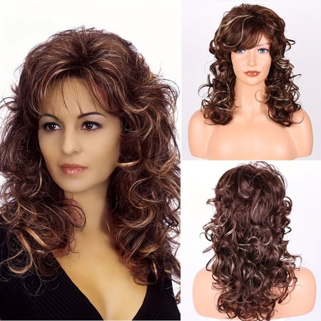 Elegant Long Curly Wig for Women - Brown and Red Highlighted High Skull Layered Big Waves for Parties and Daily Wear