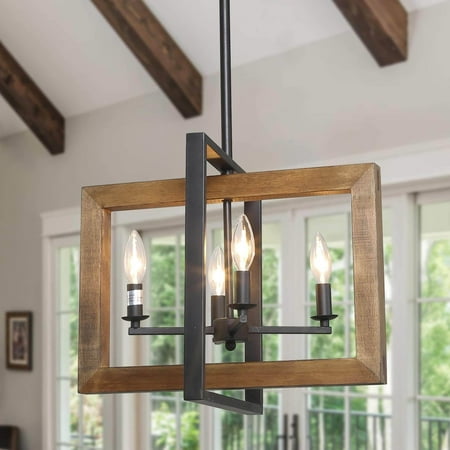 

LNC 4-Light Sand Black and Brown Wood Farmhouse LED Chandelier Linear Kitchen Island Pendant Light for Dining Room Kitchen Island Bedroom