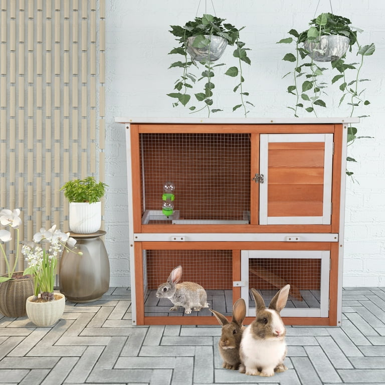 Clearance 2 Tier Wood Rabbit Hutch Outdoor Bunny Cage for Small Animals Wooden Enclosure for Multiple Pets Orange