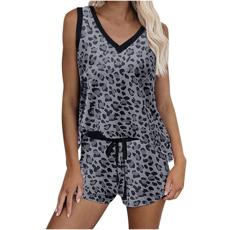 

Ziloco Women s Suit Leopard Print Vest Casual Home Sleeveless Loose Sportswear Suit pajama sets for women soft Gray M