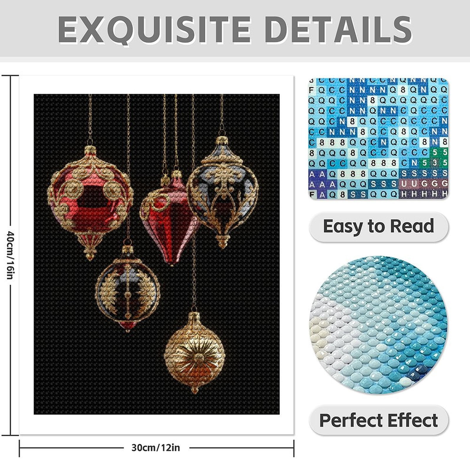 Diamond Art Kit for Adults, Ornate Red Gold Christmas Ornaments Diamond Painting for Adults Beginners, DIY Diamond Art Painting Kits, 5D Diamond Painting Crafts for Home Decor 12x16 Frameless