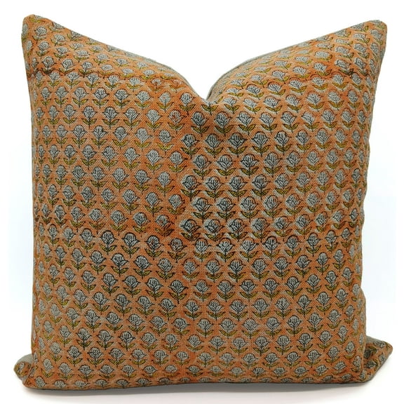 Fabdivine Thick Linen Hand Block Print Outdoor Throw Cushion Cover , 14"X14", Orange