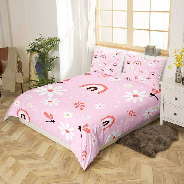 Pink Rainbow Full Bedding Sets for Girls Boho Rainbow Comforter Cover Cute Dragonfly Duvet Cover Kids Bohemian Floral Daisy Bedspread Cover for