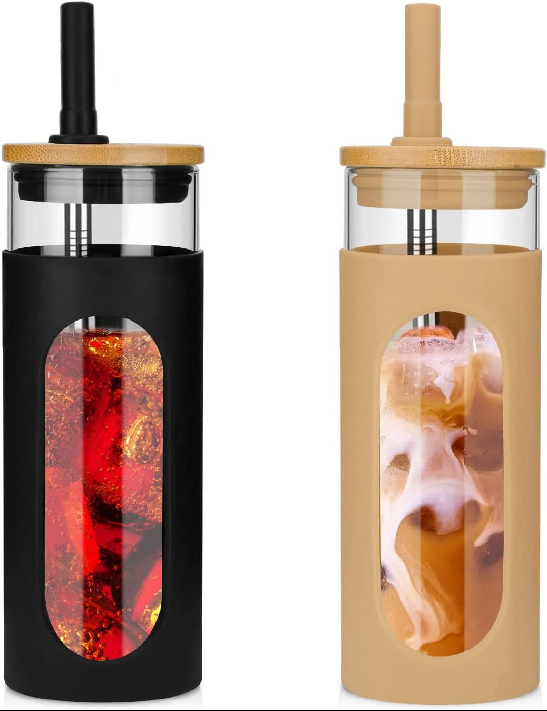 40 oz Glass Tumbler with Handle Glass Water Bottles with Bamboo Lid and Straw Reusable Iced Coffee Cup with Silicone Sleeve Leak Proof for Smoothie