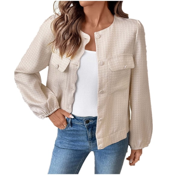 WRKEKC Women's Textured Bouclé Blazer, Round Neck Single-Breasted Long Sleeve Jacket with Flap Pockets, Timeless Oversized Outerwear Beige M