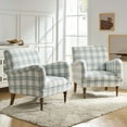 thumbnail image 3 of Plaid Accent Chair Set of 2, Wooden Legs Upholstered Armchair Lounge Sofa Home Living Room Blue, 3 of 8