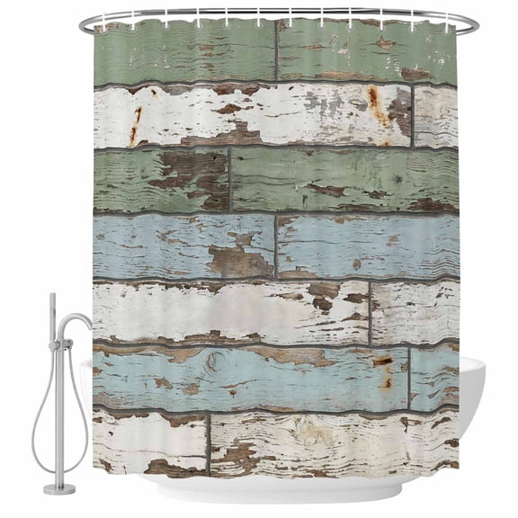 Sage Green Blue Shower Curtain Set - 48" x 72" Washable Bathtub Curtain with 12 Hooks, Vintage Shabby Farmhouse Wooden Waterproof Fabric Stall Shower Curtains for Bathroom/Bathtub Décor