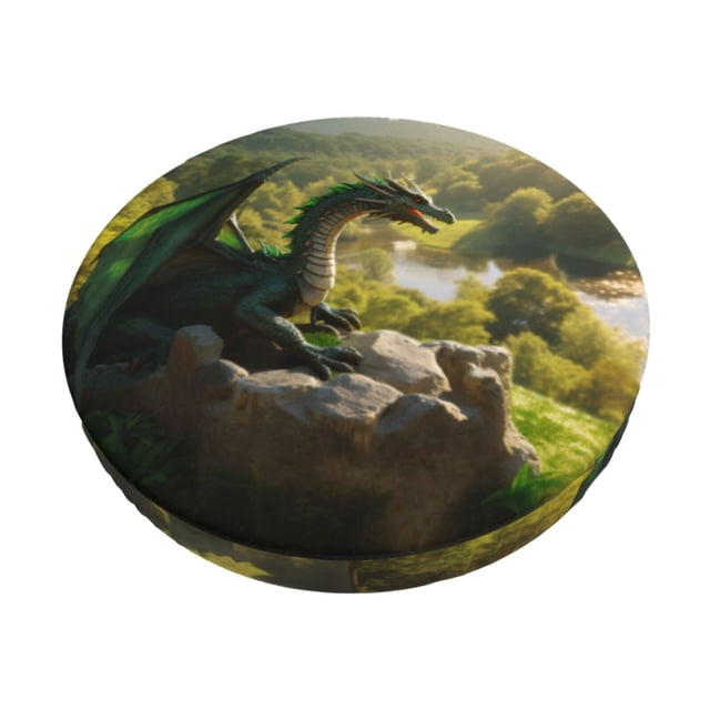 Disketp Deep Forest Stone Green Dragon Funda Redonda para Taburete, Funda de Cojín para Silla de Bar Suave y Elástica-12 inch