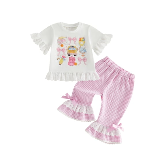 BemeyourBBs Toddler Baby Girl Back to School Outfits Kids Kindergarten Outfits Baby Girls Spring Summer Fall Clothes Short Sleeve Lace Trim Stationery Print T Shirt Tops Plaid Flared Pants Sets