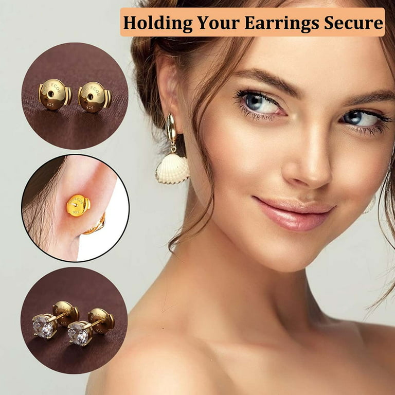 2 Pairs Flat Earring Backs Replacements Sterling Silver 925 18K White Gold  Plated Hypoallergenic for Women Diamond Studs Locking Secure Safety Back
