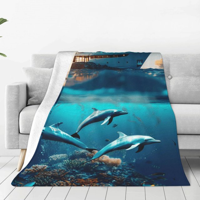 Fotbe Hawaiian Ship Dolphin Manta de Franela Acolchonada con Estampado, Súper Suave y Esponjosa, Extra Grande para Sofá, Cama, Uso Todo el Año-60"x50"