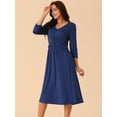 thumbnail image 2 of DARING DIVA 3/4 Sleeve Twist Knot Front V Neck A-line Midi Dress L Dark Blue, 2 of 6