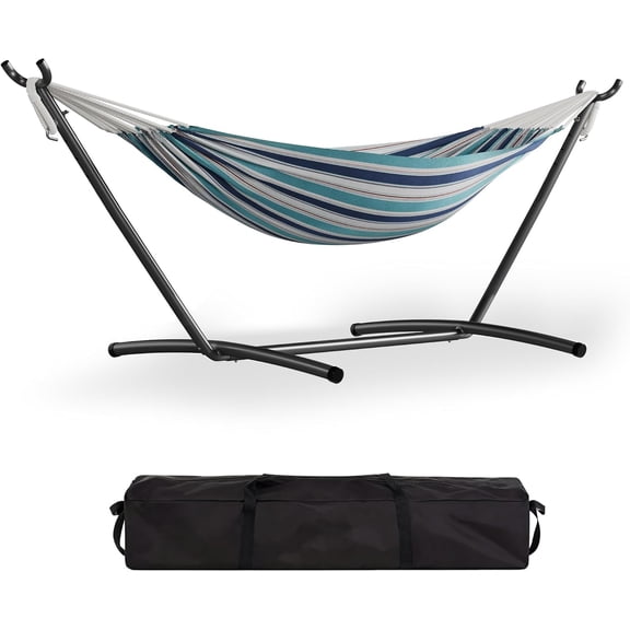 Double Hammock with Foldable Steel Stand and Carry Bag, Standing Hammock, Indoor Outdoor, 450 LBS Weight Capacity, Suitable for Garden Camping Beach, Ocean