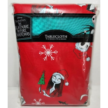 Disney The Nightmare Before Christmas Jack Skellington Sandy Claws, Sally and Zero Red Tablecloth - 70 Inches Round
