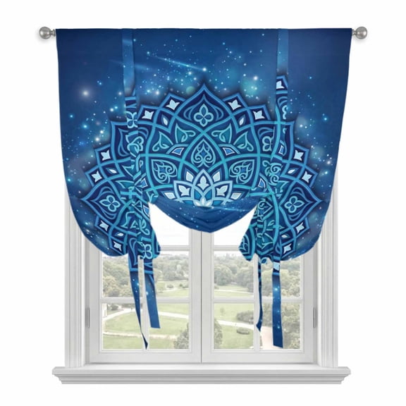 Blue Flowers Tie Up Curtains for Windows, Adjustable Balloon Window Shades, Farmhouse Boho Middle Century Floral Art Kitchen Window Treatments Adjustable Roll Up Curtain for Basement/Nursery 52"x45"