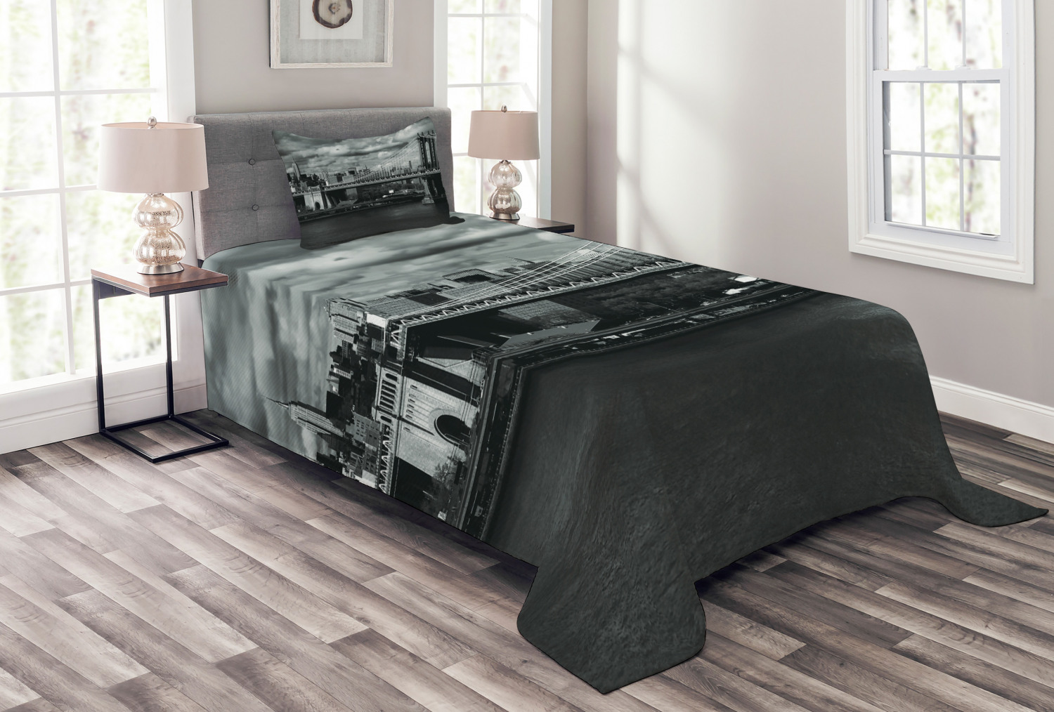 New York Bedspread Set Twin Size, Black and White Panorama of New York