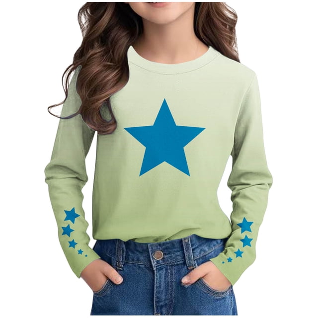 LOVZFMLL Hauts pour Petites Filles, T-Shirt à Manches Longues à Col Rond Polyvalent Décontracté à Imprimé d'Étoiles Ombrées, Vêtements d'Automne Vêtements pour Filles de 11-12 Ans