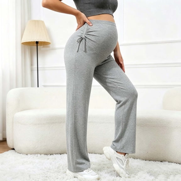 Maternity Women's Side Drawstring Wide Leg Pants, Over‑Belly High Elastic Support, Adjustable Side Ruched Detail for Pregnancy Daily Wear, Maternity Pants for Women Gray XL