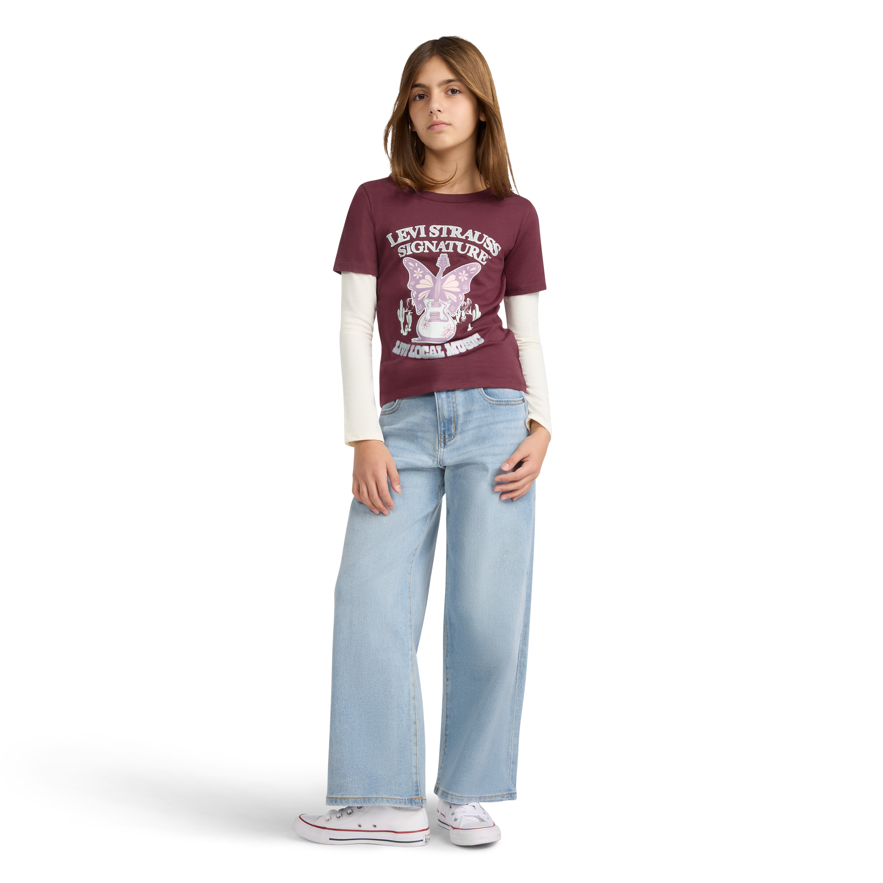 Levi Strauss Signature Girls Long Sleeve Two-fer Graphic Tee, Sizes 4-16