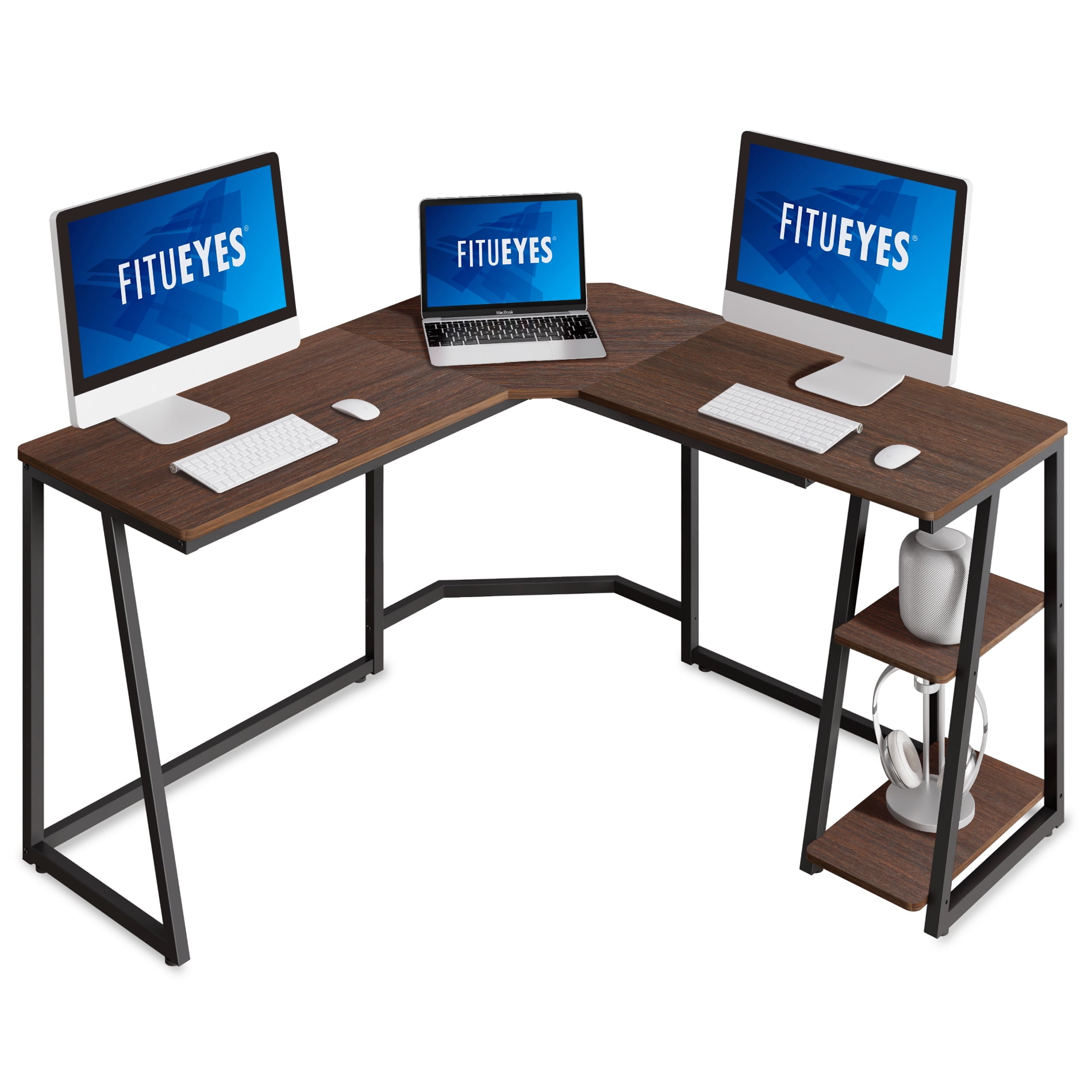 FITUEYES L-Shaped Office Desk with Storage,54.9 Corner Gaming Table,Writing Workstation for Small Space,Retro Brown 