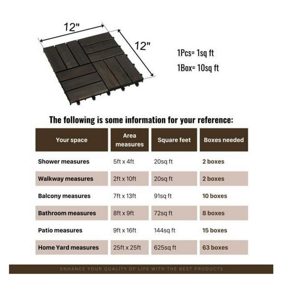 Wood Interlocking Deck Tiles, 10PCS 12x12 Dark Brown Outdoor Flooring - Patio, Balcony, Pool Decking - Waterproof, Anti-Mildew, DIY Interlocking Tiles