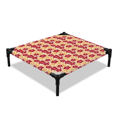 Deep Red Hibiscus Elevated Dog Bed Summer Tropical Orange Leaf Botanical Tendrils Cooling Breathable Outdoor Raised Dog Cot Bed with Metal Frame Non-Slip Feet for Small Dog 20x20in