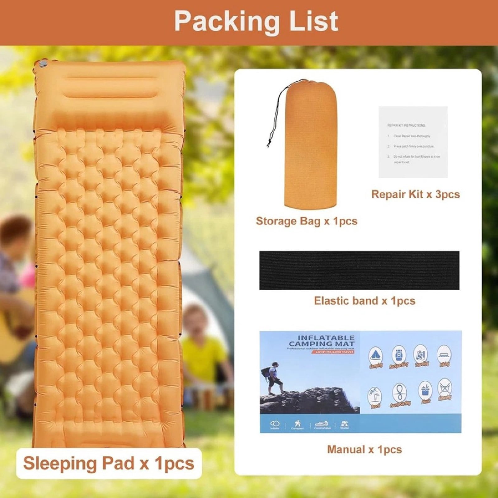 JOVELL Inflatable Sleeping Pad with Built-in Foot Pump & Pillow, 4.7" Thick Waterproof Camping Air Mattress, Self Inflating Sleep Pad for Backpacking, Hiking, Tent, Orange