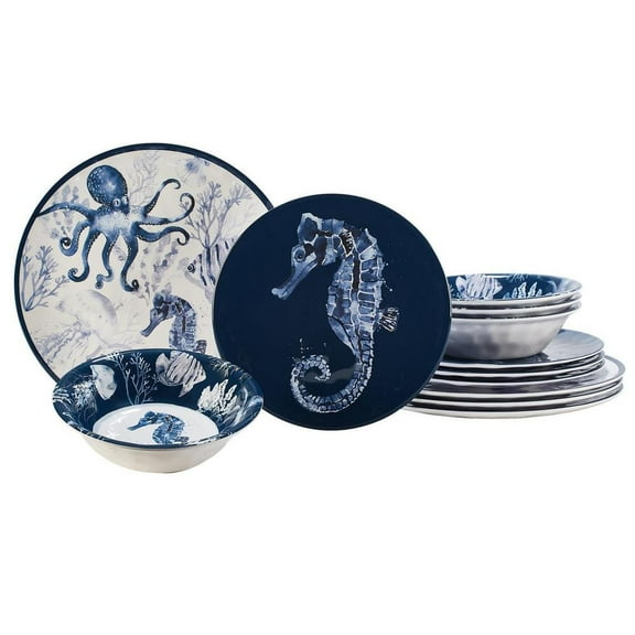 Sea Life Melamine 12-Piece Multi-Colored Melamine Dinnerware Set, Service for 4