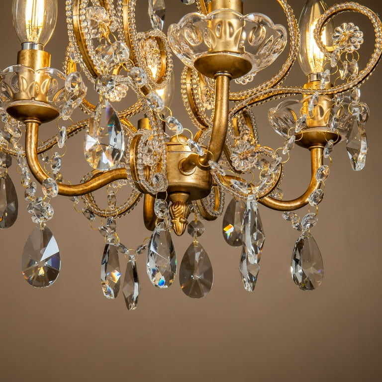 4 Light Antique Gold Crystal Candlestick Chandelier with Teardrop
