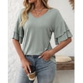 thumbnail image 5 of Womens V-Neck Tops Dressy Double Layer Bell Sleeve 3/4 Length Ruffle Sleeve T Shirts Bean Green XXL, 5 of 8