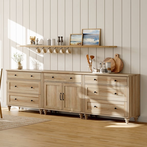 WAMPAT Oak Buffet Sideboard with Glass Doors, Farmhouse Storage Cabinet & Console Table for Living Room, Bedroom, Office, Fits TVs Up to 100 Inch