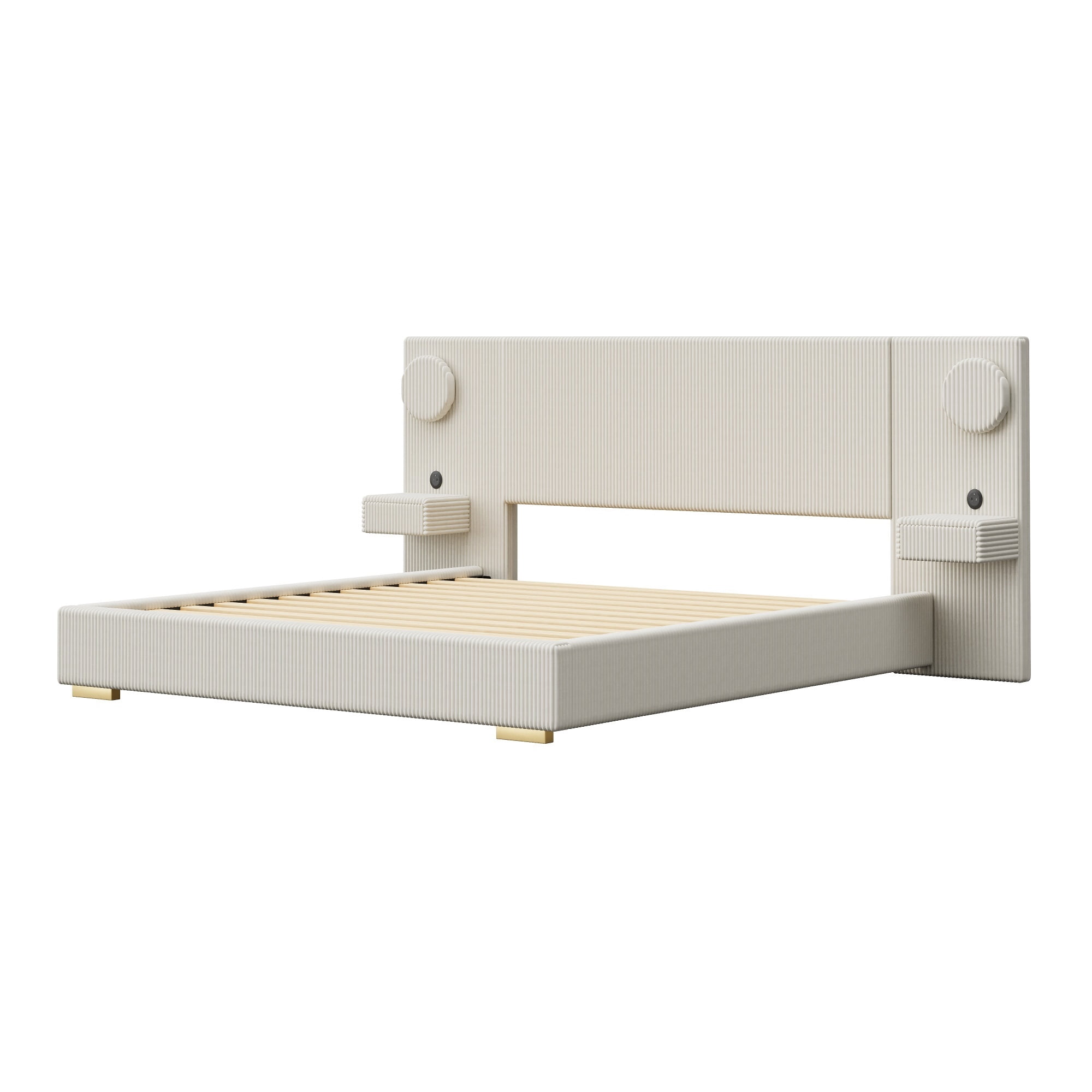 Euroco Upholstery King Size Platform Bed with LED Light and Drawers, High Headboard Design with Bedside Tables and USB Ports, No Box Spring Needed, Beige