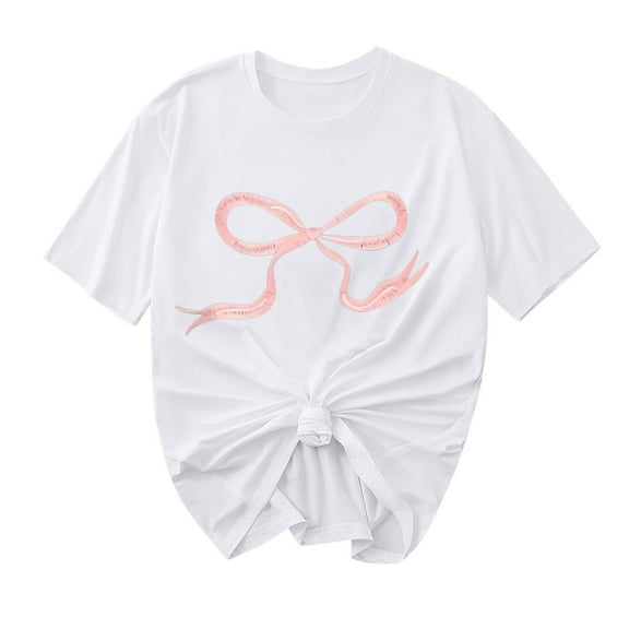 Ashyfjp Womens T-shirts Casual Fashion Bow Ribbon Printed Short Sleeve Crew Neck Comfortable Breathable Shirts for Women, White, M