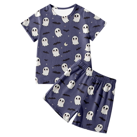 Landzoo Halloween Toddler Girls Outfit Set Cute Ghost Print Short Sleeve Crew Neck Tops With Shorts Outfit Girls Fall Season Soft Set Size 4-5 Years Purple