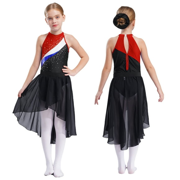 dPois Big Girls 3-Piece Ballet Dance Gymnastics Outfits Latin Jazz Lyrical Dancewear Ballroom Red 8