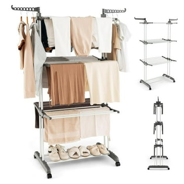 Behome Clothes Drying Rack, Oversized 4-Tier Collapsible Laundry Rack with Two Side Wings, Movable Drying Rack with 4 castors for Bed Linen, Clothing, Gray