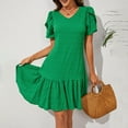 thumbnail image 7 of fheaev Summer Dresses For Women 2024 Ruffle Hem Short Sleeve V-Neck Casual Smock Green Mini Dresses, 7 of 7