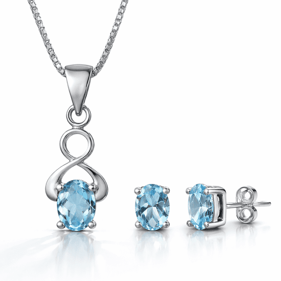 Femme Jam 925 Sterling Silver Oval Cut Natural Blue Topaz Jewelry Set for Women, Pendant Necklace with Earrings, 18" Chain