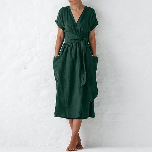 ZHOGXU Women's Dress Short Sleeve V Neck Solid Color Lace Up Side Split Fashion Comfortable Loose Fit Dresses With Pockets For Casual Daily Wear,Green,L