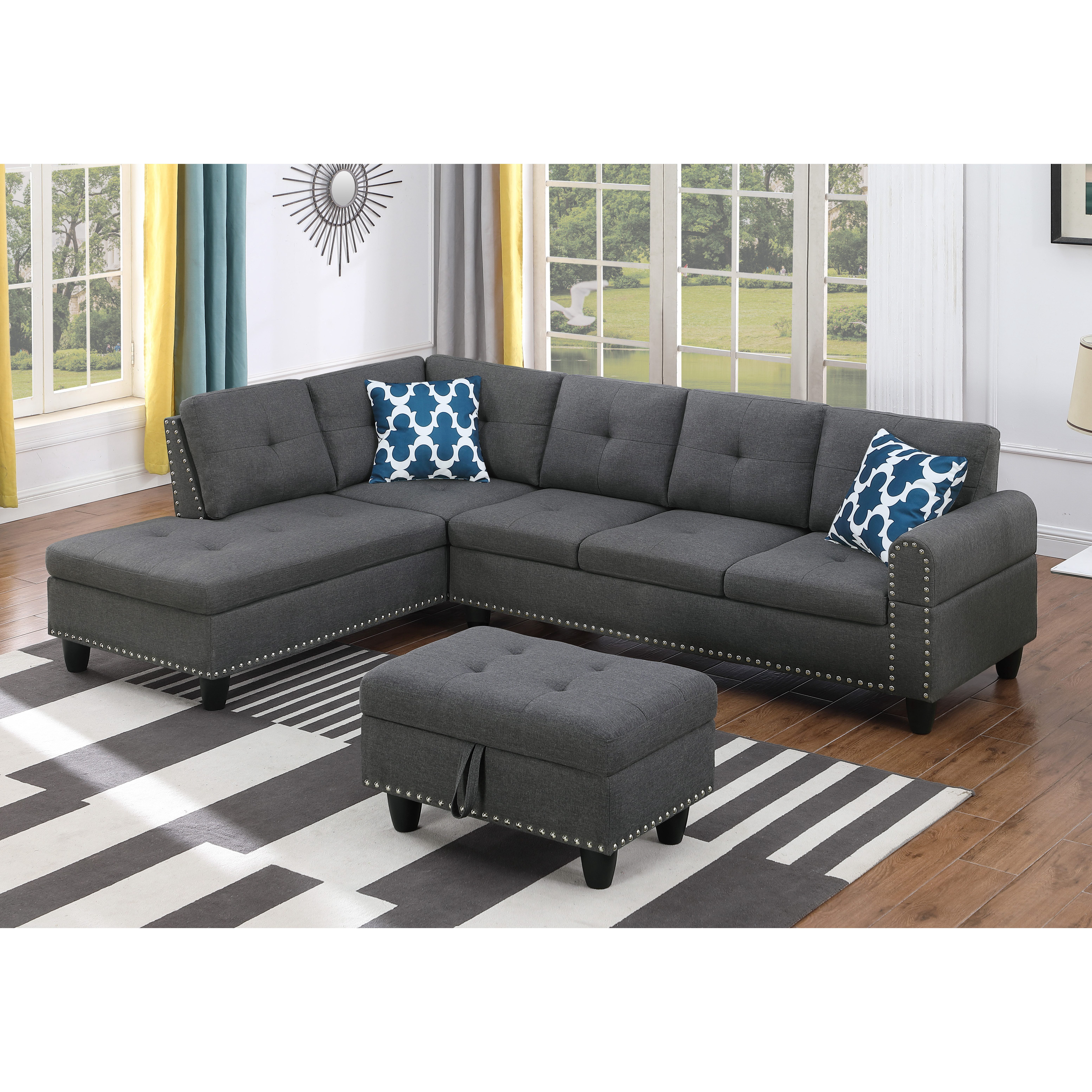 Gewnee L-Shaped Sofa & Chaise Sectional, Linen Blend Fabric Upholstered Couch with Storage Ottoman, Nailhead Trim and Toss Pillows for Living Room Apartment, Dark Gray