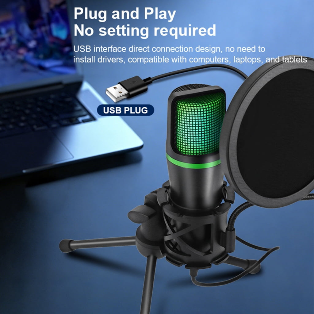 USB Computer Microphones for Students and Professional Plugs and Play Design RGBs Lighting Gains Control Shock Mount