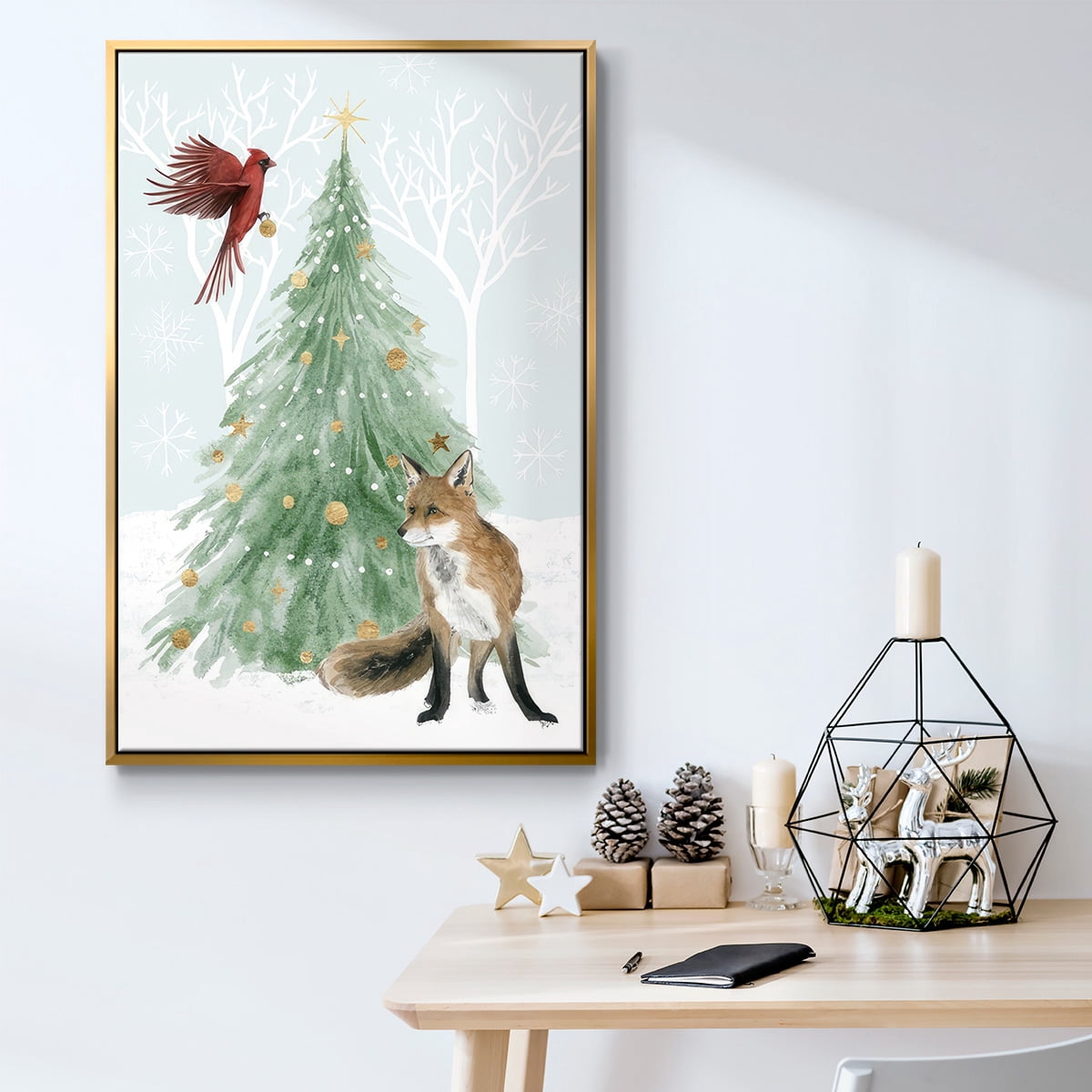 Christmas in the Forest Collection B - Framed Gallery Wrapped Holiday Canvas - 17 x 25 - Gold Frame