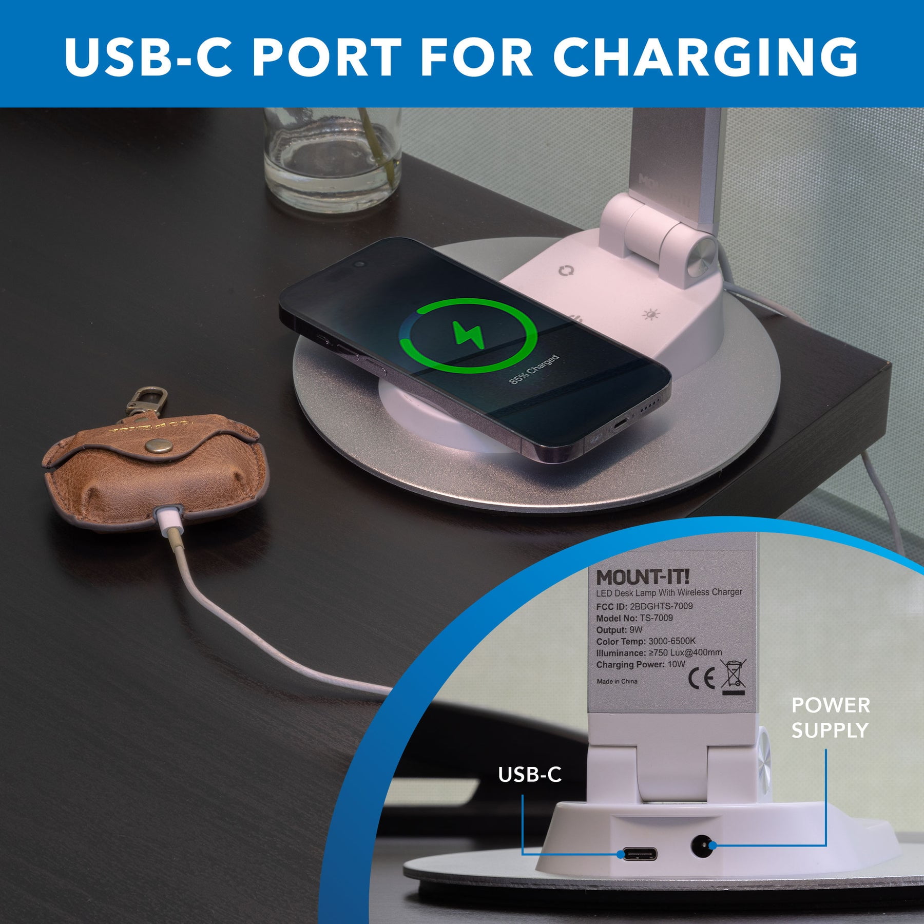 LED Desk Lamp with Wireless Charging with 5 brightness levels