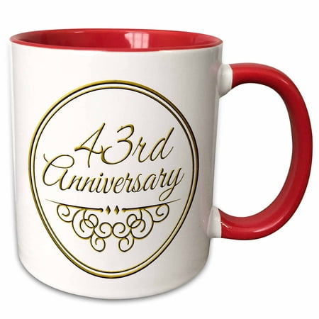 3dRose 43rd Anniversary gift - gold text for celebrating wedding anniversaries - 43 years married together - Two Tone Red Mug,