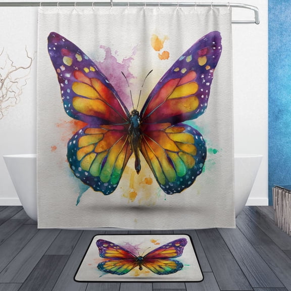 TTYFWHD 60" x 72" Shower Curtain and Bath Mat Set Rainbow Spectrum Butterfly Waterproof Bathroom Curtain with 12 Hooks, Bathroom Decor Set